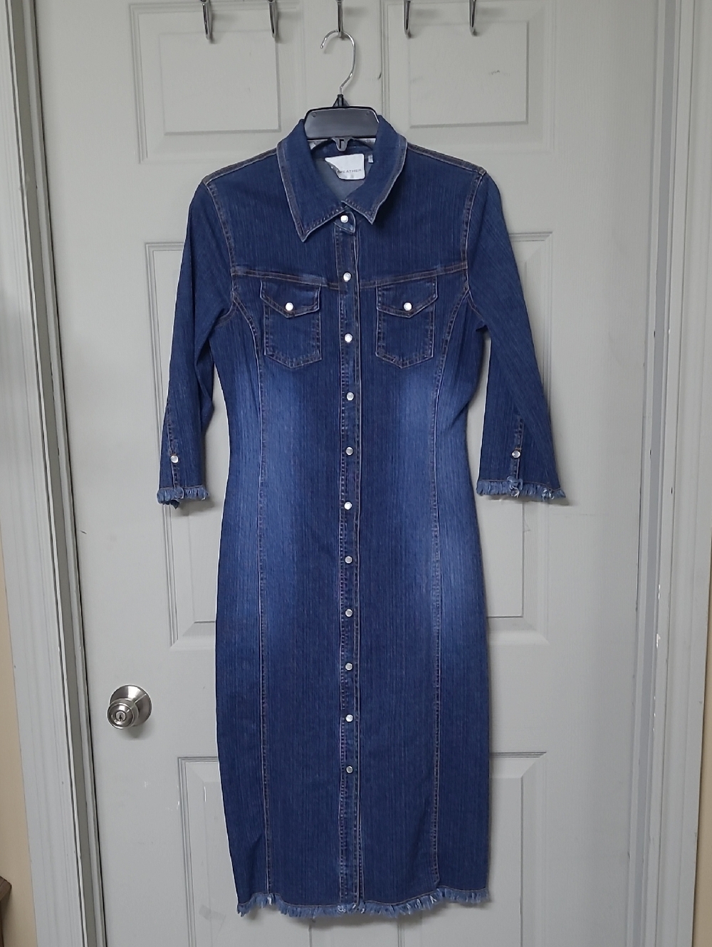 Fairweathwer Vintage Denim Button-Front Dress Blue Fringed Flap-Pockets Size 9